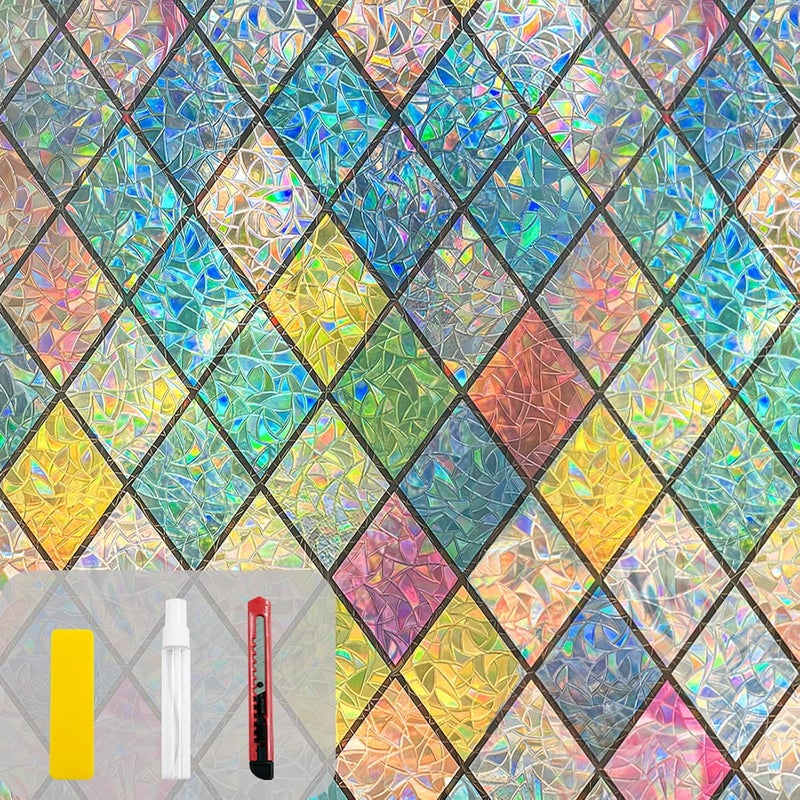 COUNTEWOL Rainbow Privacy Window Film Stained Glass Window Film That is Adhesive-Free, Residue-Free, Reusable, and Easy to Install with Tools. (Rainbow, 17.5 X 157.4 in) - Image 1